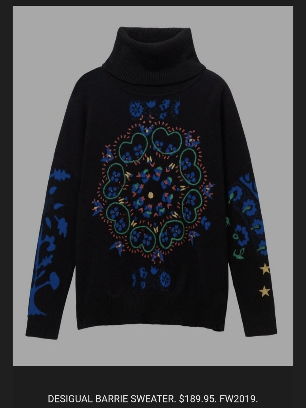 Desigual Black Turtleneck Sweater with Blue and Green Mandala